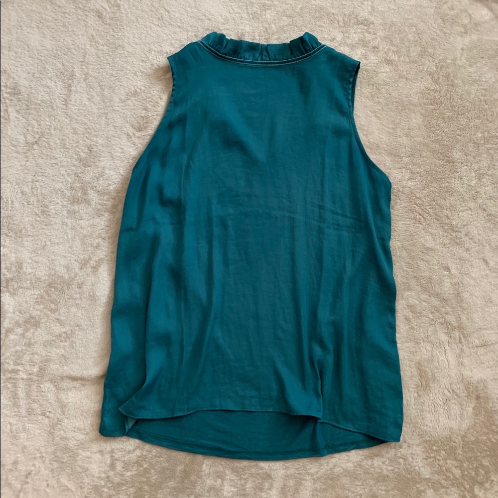 LOFT teal, high ruffled neck, tie-back blouse